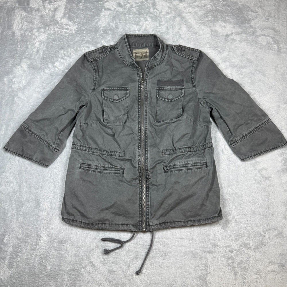 Ruff Hewn Jacket Women M Gray 3/4 Sleeve Zip Canvas Military